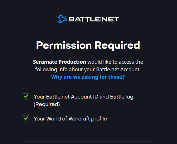 Battle.net permission screen with the World of Warcraft profile checkbox ticked