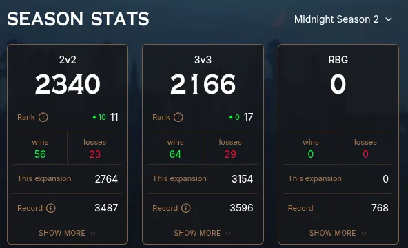 Season bracket ratings on a Seramate profile — 2v2, 3v3 and RBG cards with rank, wins and losses