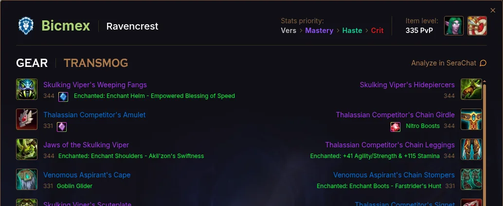 The Seramate gear inspector — equipped items with item level, enchants and gems